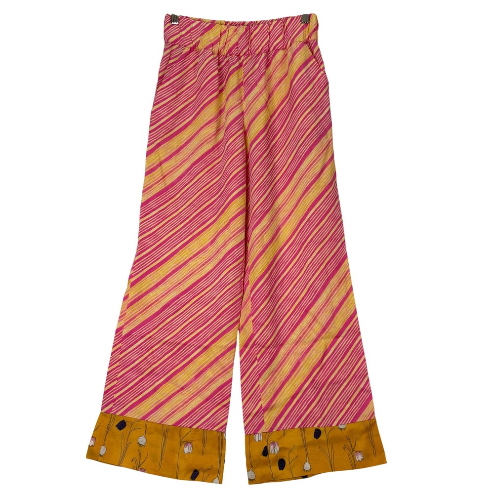 Elevenses Pink Yellow Striped Floral Wide Leg Pants Womens Small Boho Maximalist